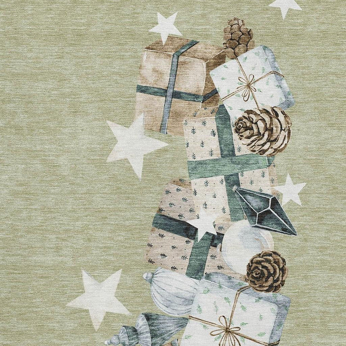 10' X 14' Geometric Washable Area Rug With UV Protection (702341) - Artichoke Green / Beige / Ivory