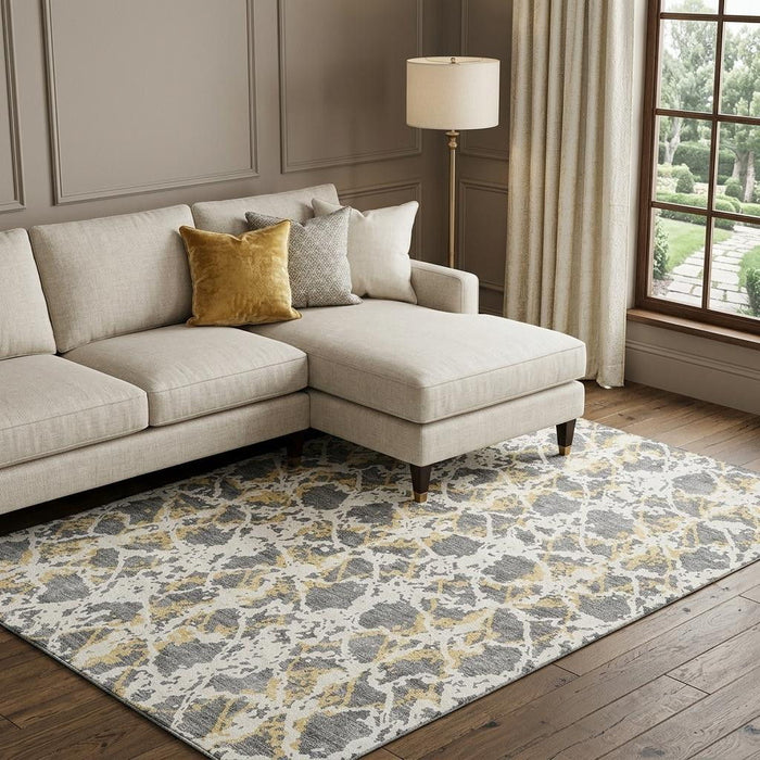 10' X 14' Abstract Washable Area Rug With UV Protection (676650) - Gray / Gold / Ivory