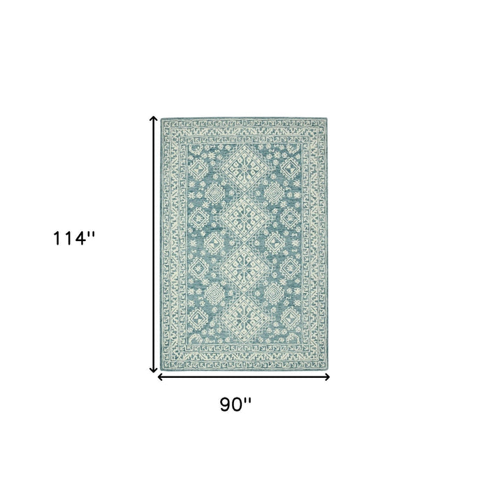 8' X 10' Wool Oriental Hand Hooked Area Rug - Aqua And Ivory