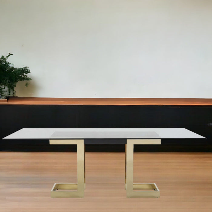 87" Glass And Stainless Steel Double Pedestal Base Dining Table - Clear / Gold