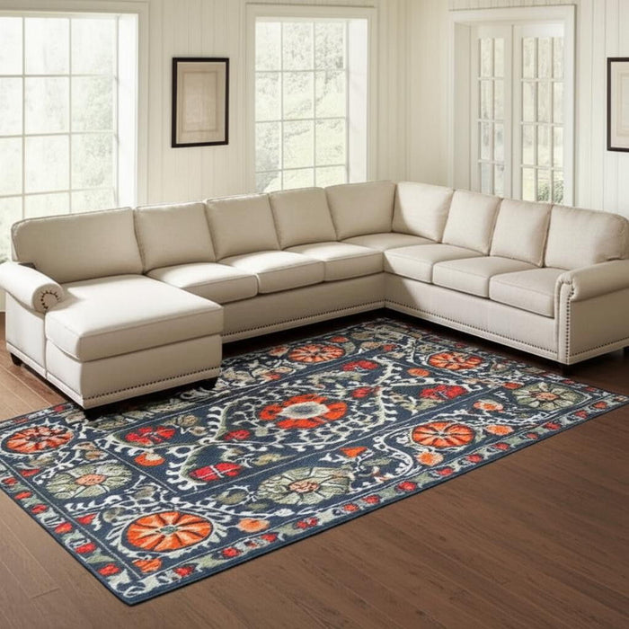 7' X 9' Tribal Washable Area Rug With UV Protection (610057) - Blue / Orange / Gray