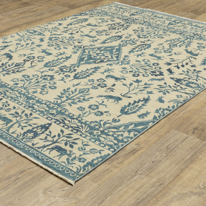10' X 7' Oriental Area Rug With Fringe - Ivory / Blue