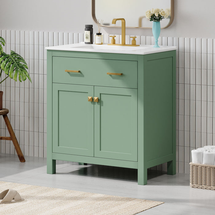 Giga modern bathroom vanity with ceramic sink, single cabinet, two doors, shelf, soft-close doors in a sleek design