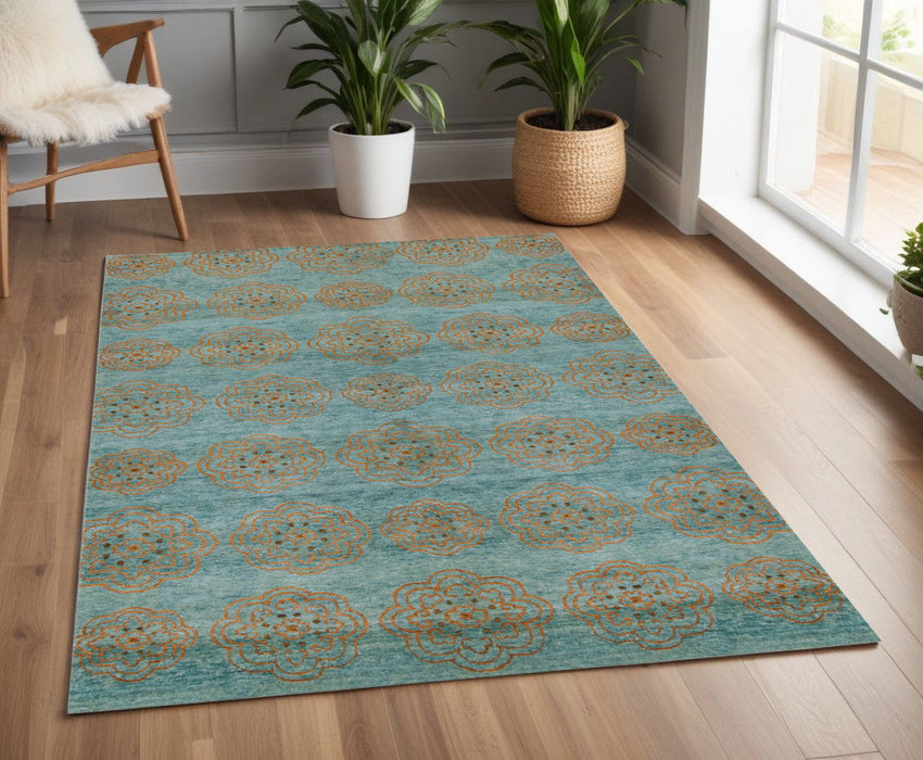 4' x 6' Floral Hand Knotted Worn Faded Area Rug - Green Blue And Taupe