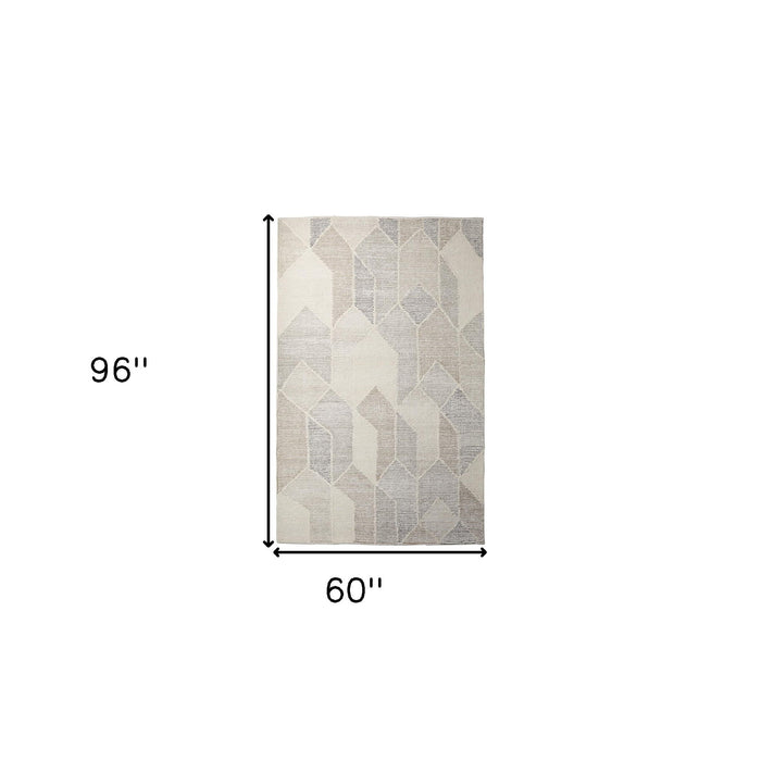5' X 8' Wool Geometric Hand Woven Area Rug - Beige