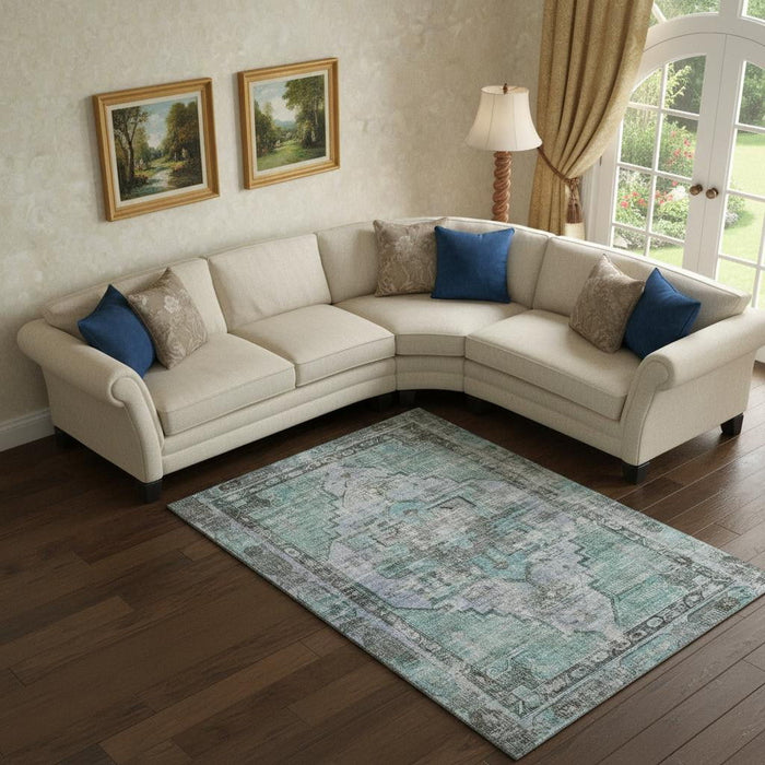 10' X 14' Oriental Washable Area Rug With UV Protection (699406) - Teal / Charcoal