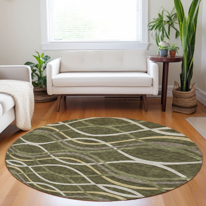 8' Abstract Washable Round Rug With UV Protection - Olive Green And Gold