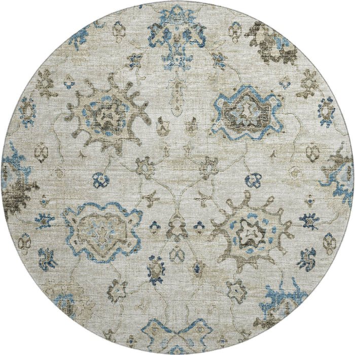 8' Floral Medallion Distressed Washable Round Rug With UV Protection (644607) - Blue / Ivory / Gray