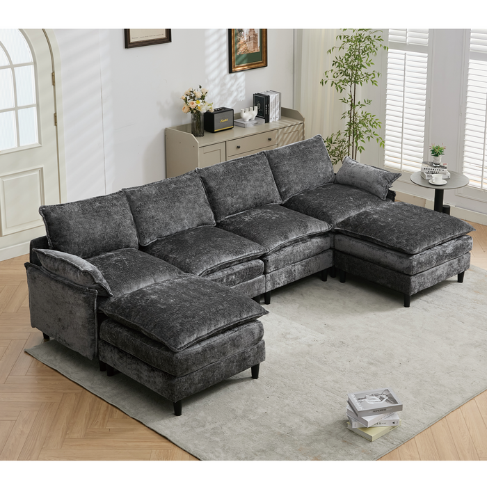 [NEW ARRIVED]Modular Sofa,U Shaped Cloud Couch Comfy Set ,6-Seater, 2 Armrest Pillows,Convertible Sectional  Couch, Living Room,Apartment, Chenille(2 Movable Ottoman), Dark Gray