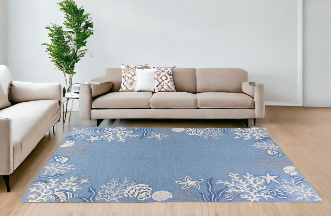 8' x 10' Hand Hooked Bordered Coral Reef Indoor Area Rug - Sea Blue