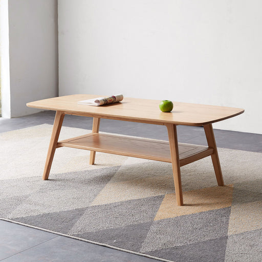 Giga low coffee table with storage shelf, modern design, wooden surface, and open space for storing magazines and decor.
