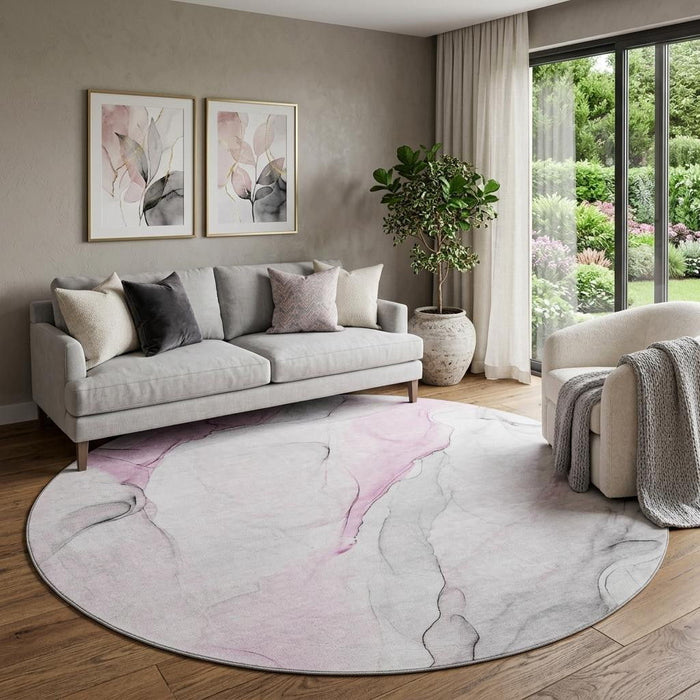 8' Abstract Washable Round Rug With UV Protection (647149) - Pink / Ivory