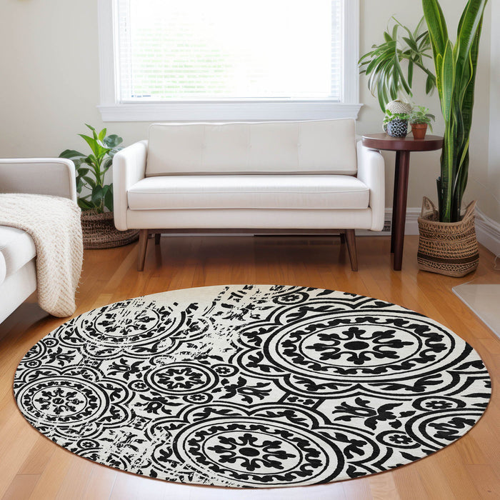 8' Medallion Washable Round Rug With UV Protection - Black And Ivory