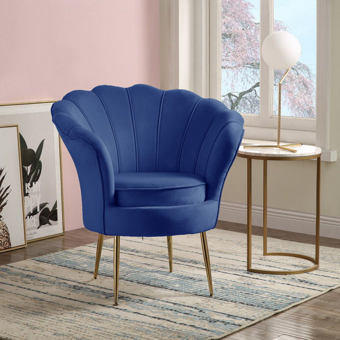 Giga Angelina scalloped back barrel accent chair with metal legs, plush upholstery, and stylish design for modern living spaces.