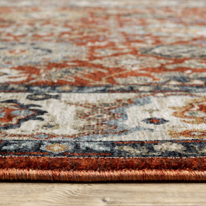 10' x 13' Oriental Power Loom Stain Resistant Area Rug With Fringe - Red Blue Ivory Gold And Navy