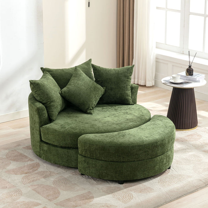 Giga 360° swivel accent barrel chair with storage ottoman and four pillows, modern round living room leisure chair.