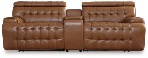 Chocolate 3-piece power reclining sectional loveseat by Signature Design Ashley with built-in console and plush cushions.