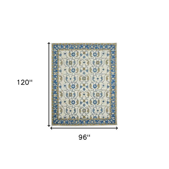 8' X 10' Wool Oriental Hand Hooked Area Rug - Blue