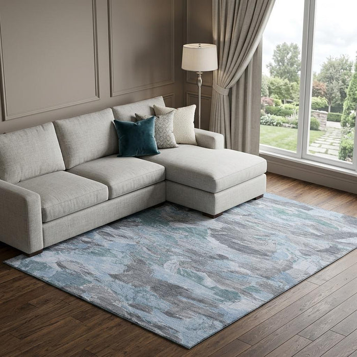10' X 14' Abstract Washable Area Rug With UV Protection (693120) - Denim Blue / Gray / Silver