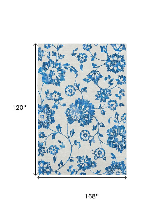 10' X 14' Floral Washable Area Rug With UV Protection (667957) - White / Blue