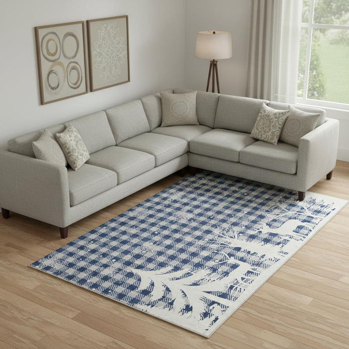 10' X 14' Gingham Washable Area Rug With UV Protection (702305) - Blue / Ivory / Gray