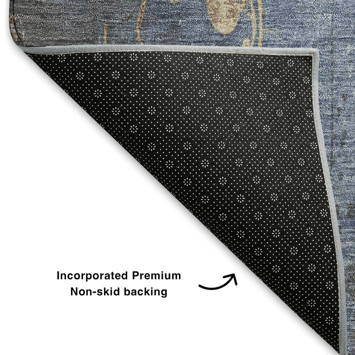 10' X 14' Floral Washable Area Rug With UV Protection (701419) - Denim Blue / Beige