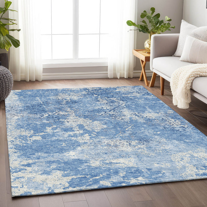 9' X 12' Abstract Washable Area Rug Polyester With UV Protection - Ivory And Blue