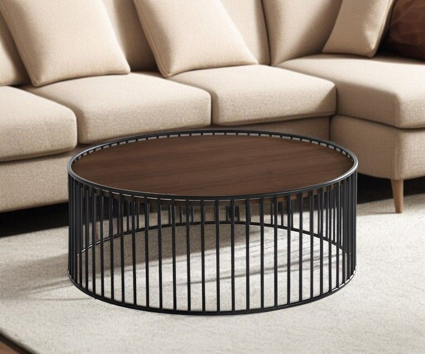 Modern Metal Rods Round Coffee Table - Walnut And Black