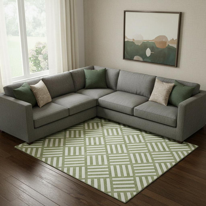 10' X 14' Geometric Washable Area Rug With UV Protection (652395) - Olive Green / Ivory