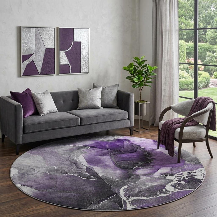 8' Abstract Washable Round Rug With UV Protection (646695) - Purple / Charcoal