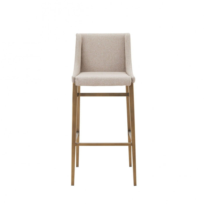 Set of two beige and gold stainless steel bar height chairs by HomeRoots, featuring modern design and cushioned seats.