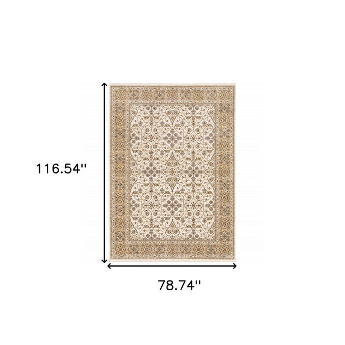 6.6' x 9.7' Oriental Power Loom Stain Resistant Area Rug With Fringe - Gold And Ivory