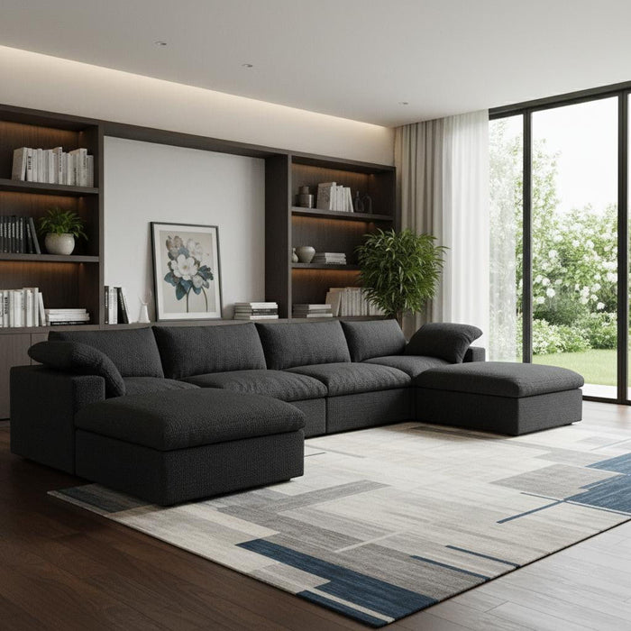 160" Two Piece Living Room Set Blend Modular Sofa With Ottoman Storage - Black