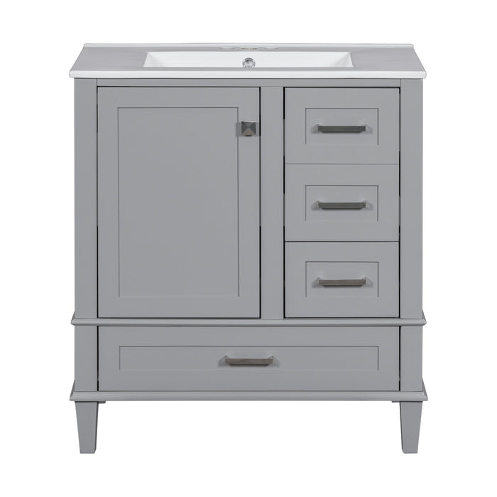 Modern Giga bathroom vanity with sink, solid wood frame, soft closing door, and three drawers for stylish bathroom storage.