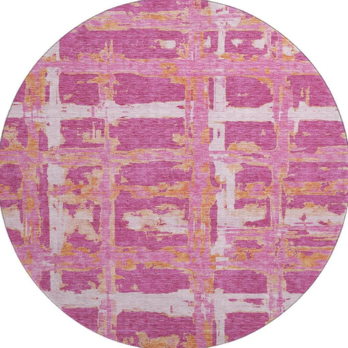 8' Transitional Striped Washable Round Rug With UV Protection - Blush