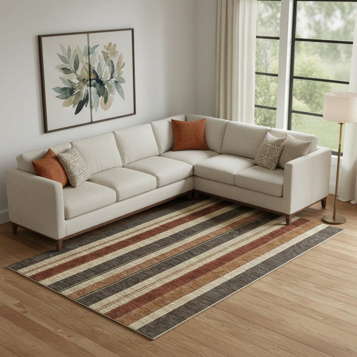 10' X 14' Striped Washable Area Rug With UV Protection (709270) - Chocolate / Rust / Beige