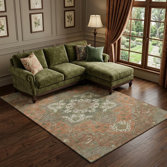 10' X 14' Oriental Washable Area Rug With UV Protection (681341) - Rust / Beige / Olive Green