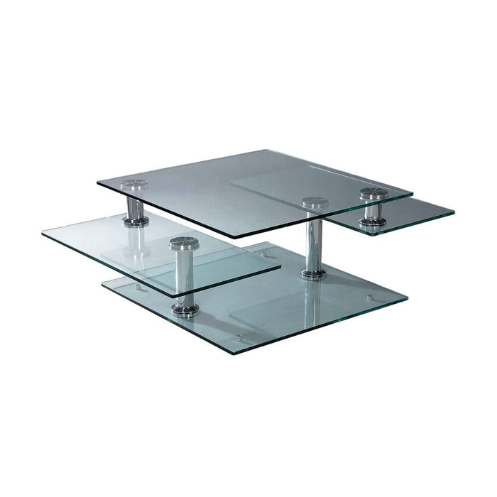 HomeRoots 32-inch clear glass and silver metal coffee table with three shelves, modern and stylish living room furniture.
