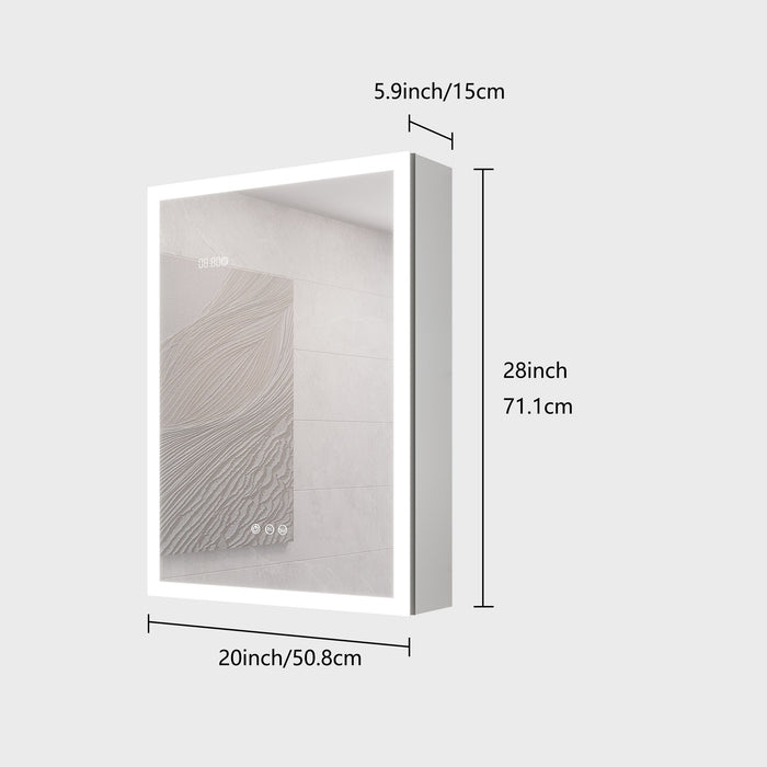 Giga LED bathroom medicine cabinet with mirror, built-in lights and defogger, showcasing sleek mirrored front and illuminated interior.