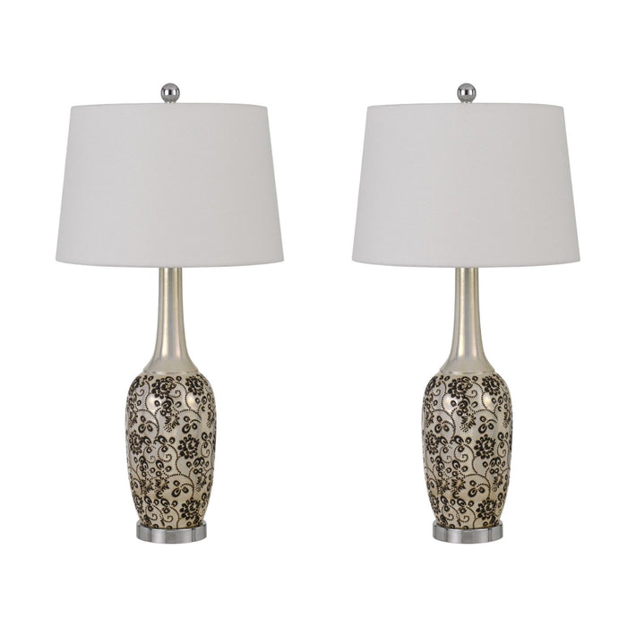Metal Two Light Bedside Table Lamps With White Globe Shade (Set of 2) - Silver