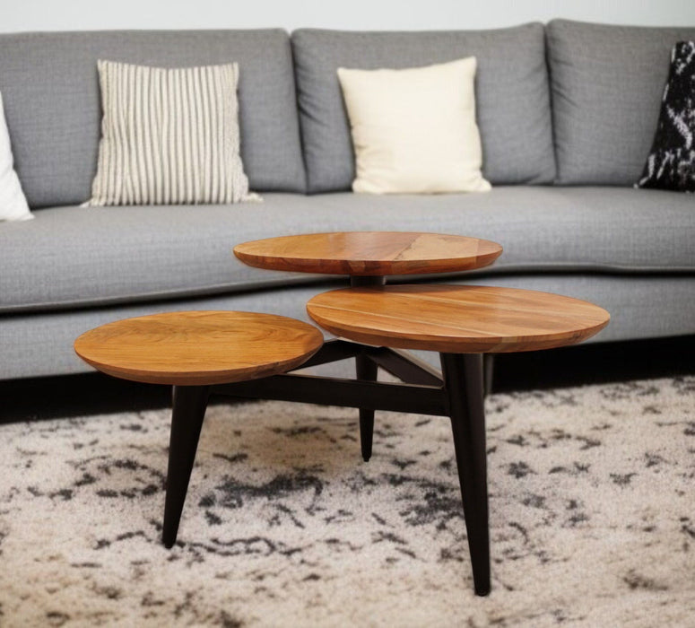 Solid Wood Round Distressed Coffee Table - Black And Natural Brown