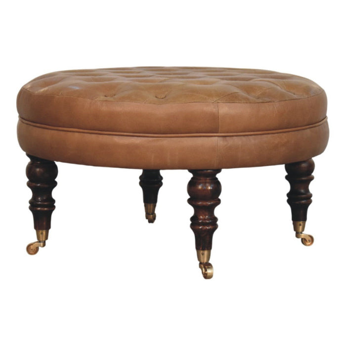 Leather Round Footstool (723465) - Brown