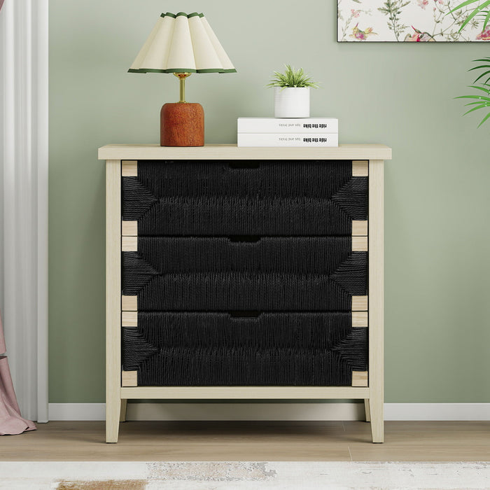 Giga 3-drawer sideboard with adjustable shelves, natural seaweed decor doors, ideal for living room or kitchen storage.
