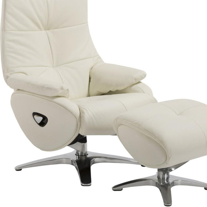 White genuine leather tufted swivel recliner with matching ottoman by HomeRoots, showcasing plush upholstery and modern design.