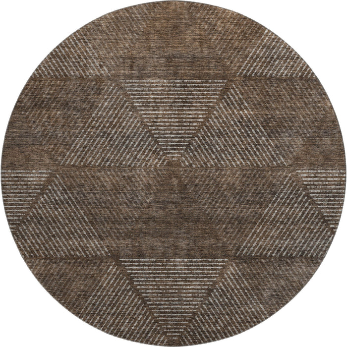 8' Geometric Washable Round Rug With UV Protection - Brown And Taupe