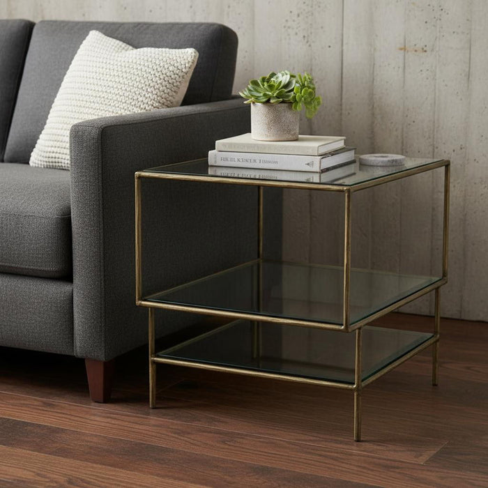 Glass And Iron Square End Table With Two Shelves - Bronze And Clear