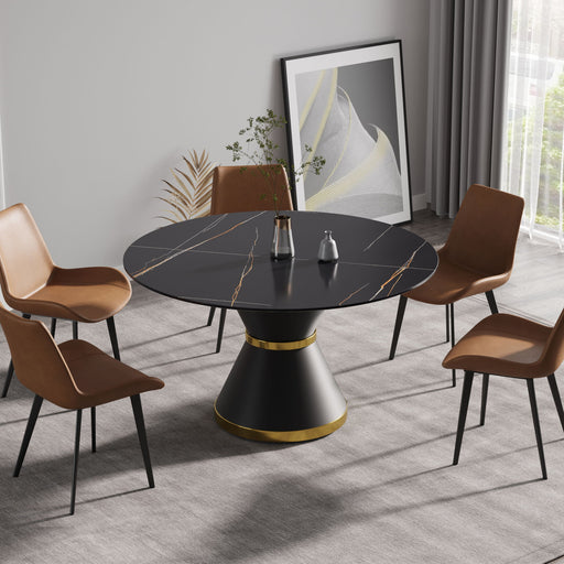 Round modern artificial stone and carbon steel base dining table by Giga, black finish, seats six people, sleek contemporary design.