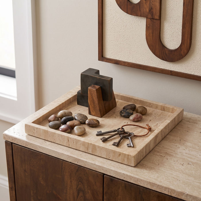 Michael travertine tray by Meridian Furniture, featuring a rectangular stone tray with natural textured surface and sleek design.