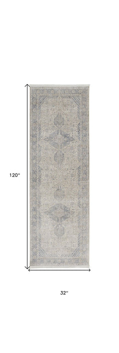 10' Oriental Power Loom Runner Rug With Fringe - Gray Blue And Taupe