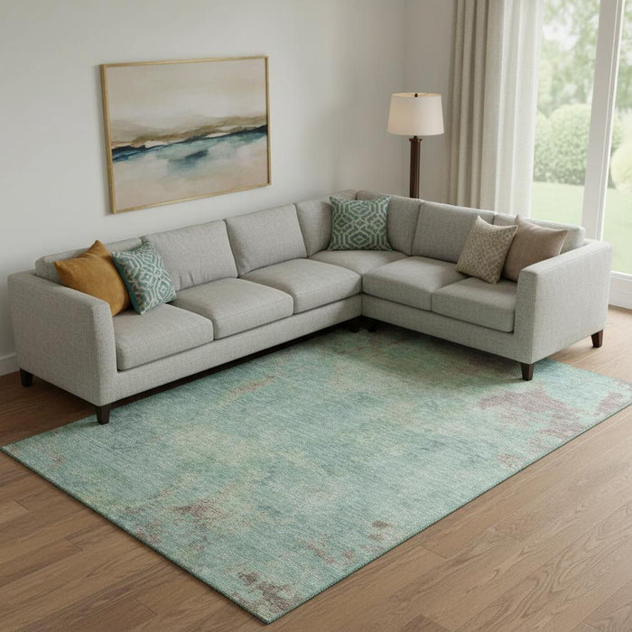 10' X 14' Abstract Washable Area Rug With UV Protection (697890) - Pale Aqua / Taupe